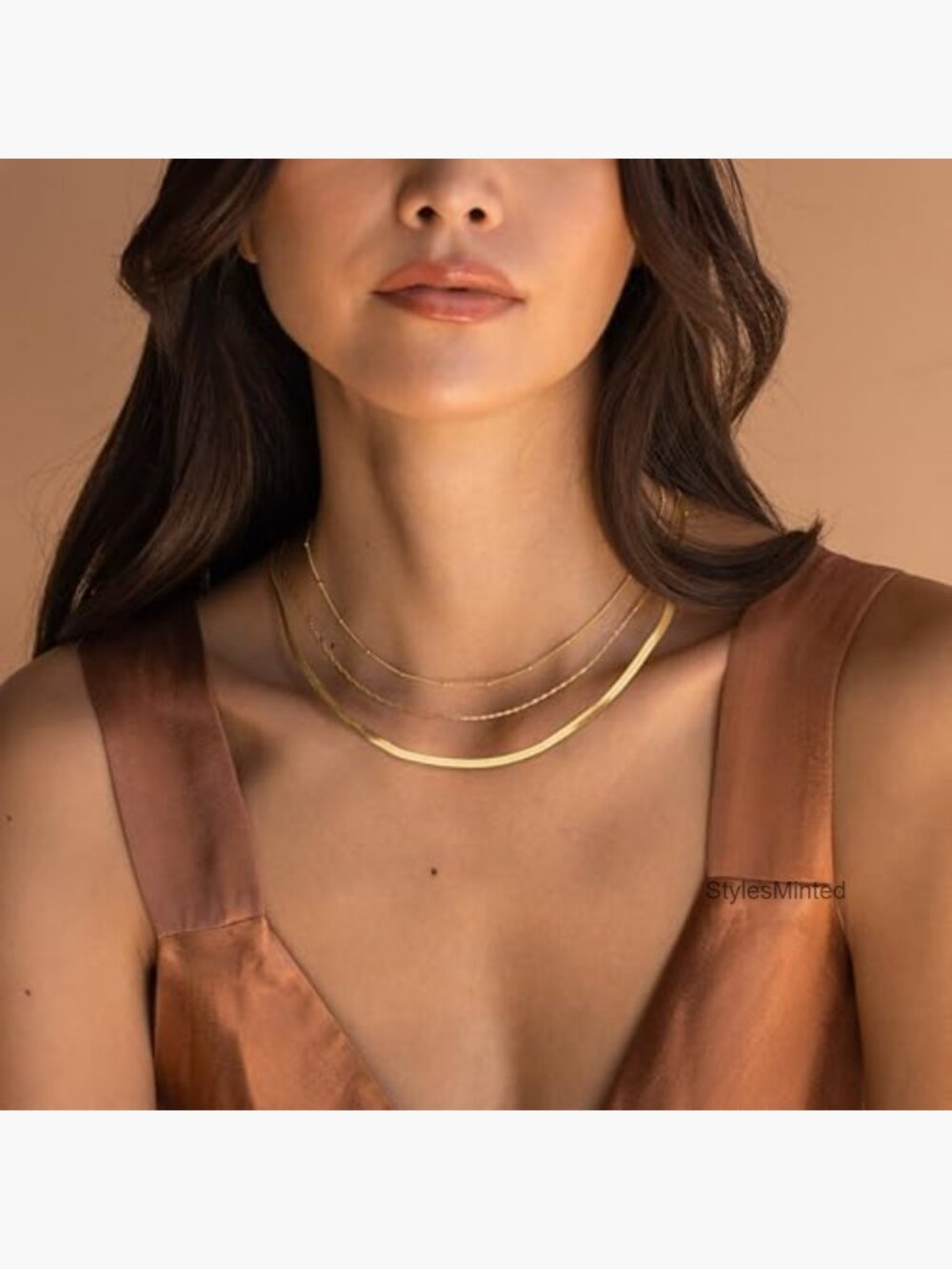 14k Gold Plated Snake Chain Choker Necklace Set 3 Layer Herringbone - Picture 6 of 7